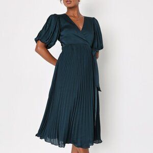 Lulus Exquisite Icon Emerald Green Pleated Puff Sleeve Wrap Midi Dress Small NEW
